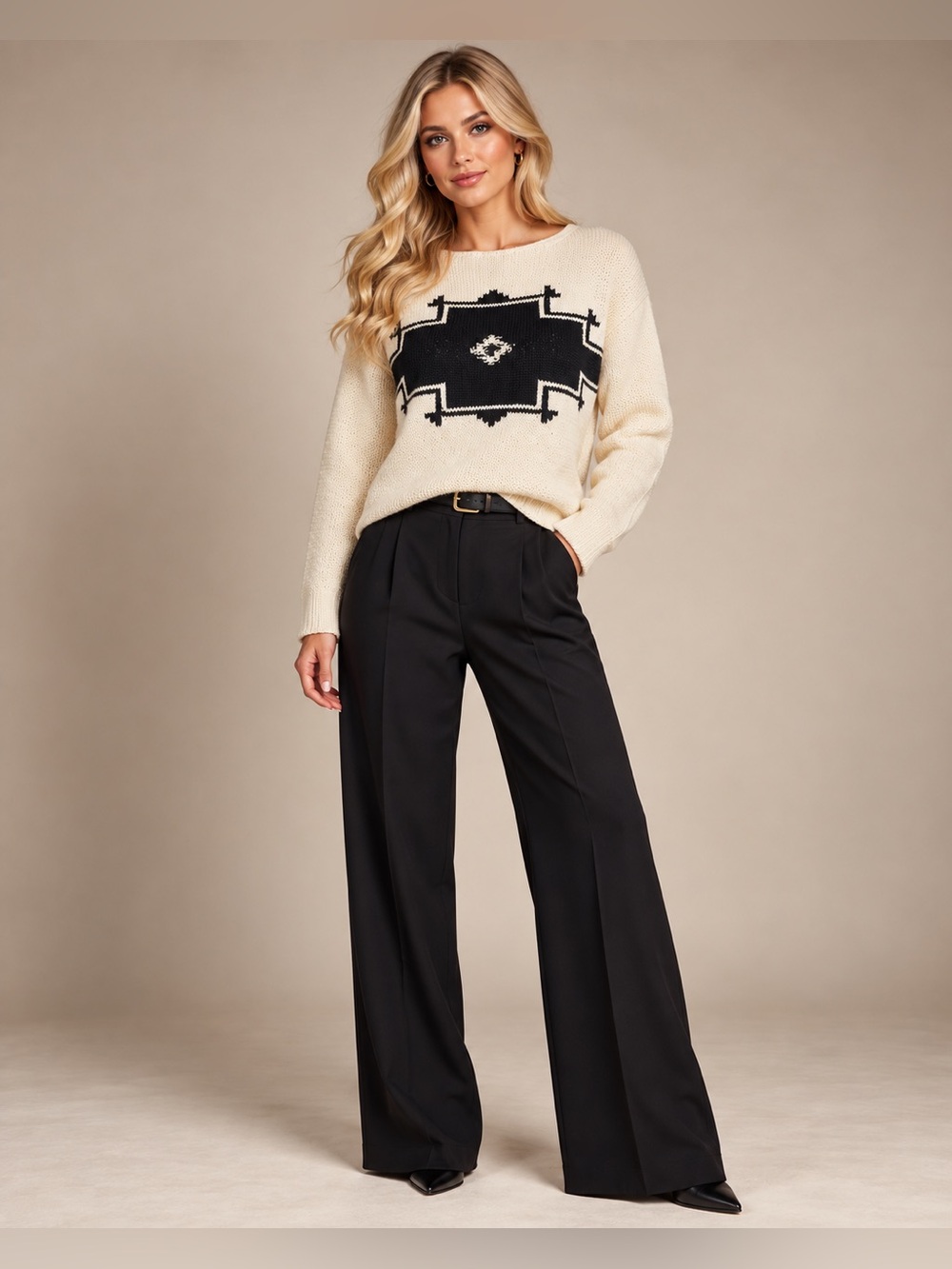 Lauren Jeans Co. Ralph Lauren Cream Black Southwestern Geometric Knit Sweater XL